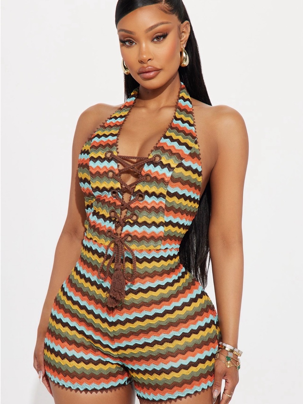 Fashion Nova Multicolor Zigzag Halter Romper - Brown, Orange, Yellow, Blue